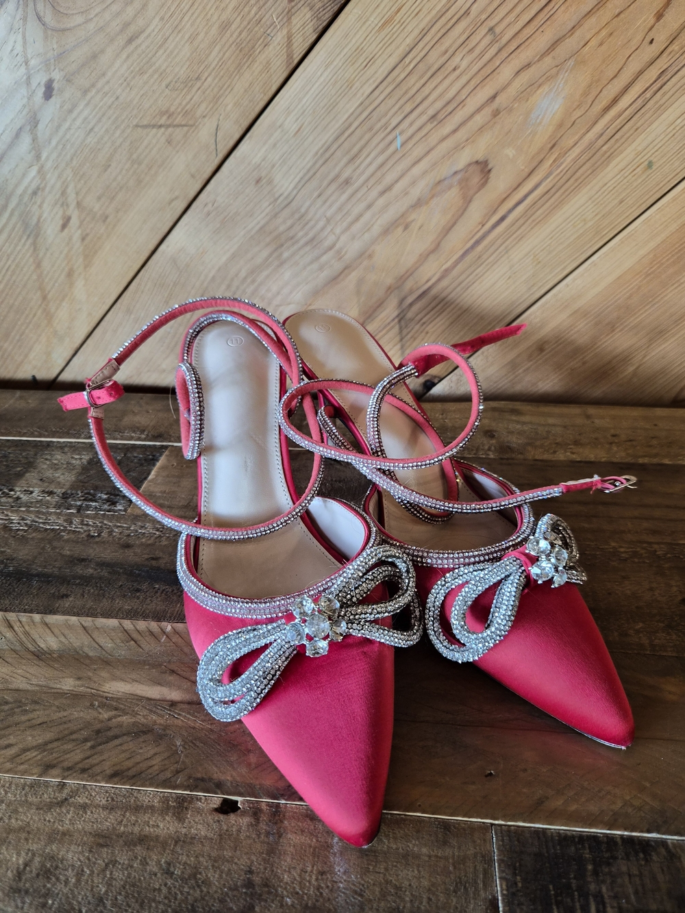 Red Satin Pointed-Toe Embellished Ankle-Strap Heels